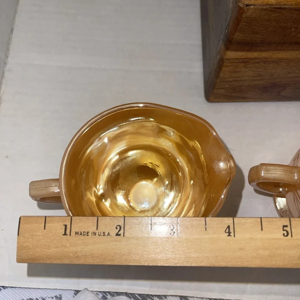Fire King Oven Ware Peach Luster / Laurel Leaf Cream and Sugar Bowl Set Vintage